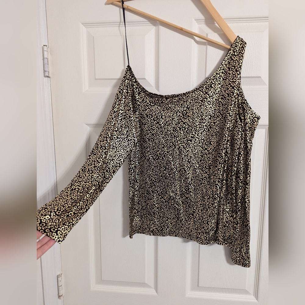 Michael Kors black and gold leopard Top asymmetrical cold shoulder size large